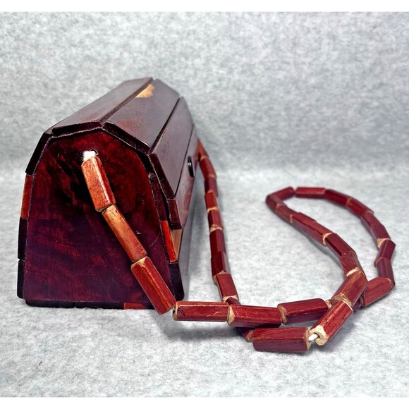 Vintage 70s Wooden Slat Shoulder Bag Small Size Two Tone Lined Snap Button Boho - Picture 3 of 15